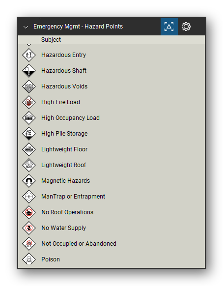 Incident & Emergency Management tool set for Bluebeam Revu, Hazard Points set (tools 16-29 of 42) - 14 tools: Hazardous Entry, Hazardous Shaft, Hazardous Voids, High Fire Load, High Occupancy Load, High Pile Storage, Lightweight Floor, Lightweight Roof, Magnetic Hazards, ManTrap or Entrapment and 4 more. Tool Chest in Detail view, one row per tool with its name.