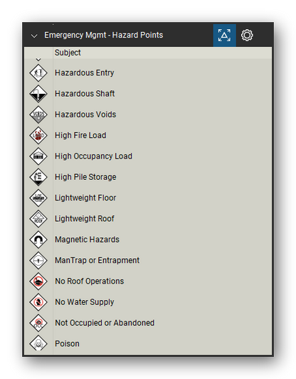 Incident & Emergency Management tool set for Bluebeam Revu, Hazard Points set (tools 16-29 of 42) - 14 tools: Hazardous Entry, Hazardous Shaft, Hazardous Voids, High Fire Load, High Occupancy Load, High Pile Storage, Lightweight Floor, Lightweight Roof, Magnetic Hazards, ManTrap or Entrapment and 4 more. Tool Chest in Detail view, one row per tool with its name.