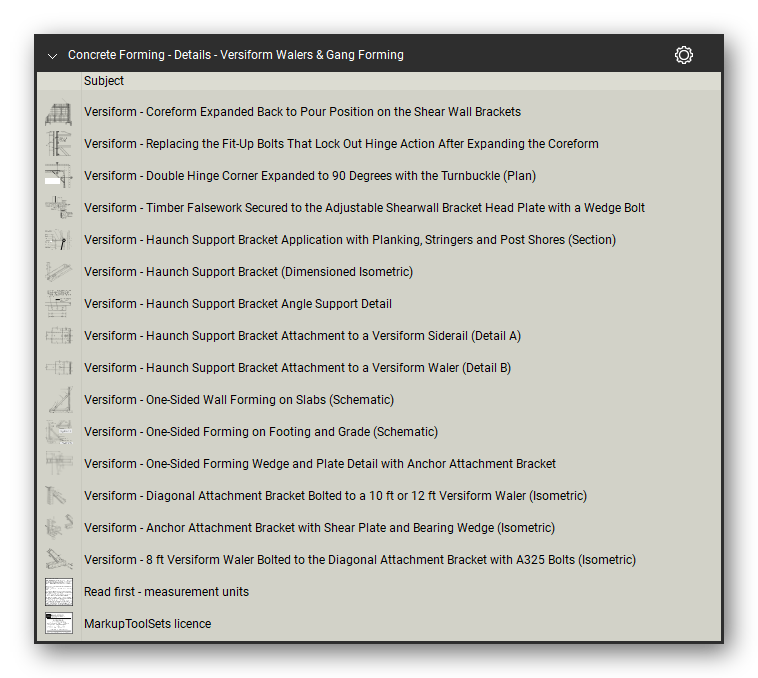 Details versiform walers and gang in the Concrete Forming Takeoff & Estimating Bluebeam tool set (sheet 6 of 6)