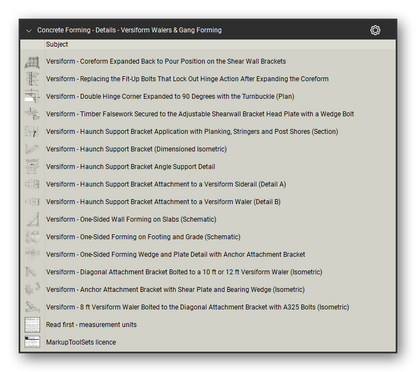 Details versiform walers and gang in the Concrete Forming Takeoff & Estimating Bluebeam tool set (sheet 6 of 6)