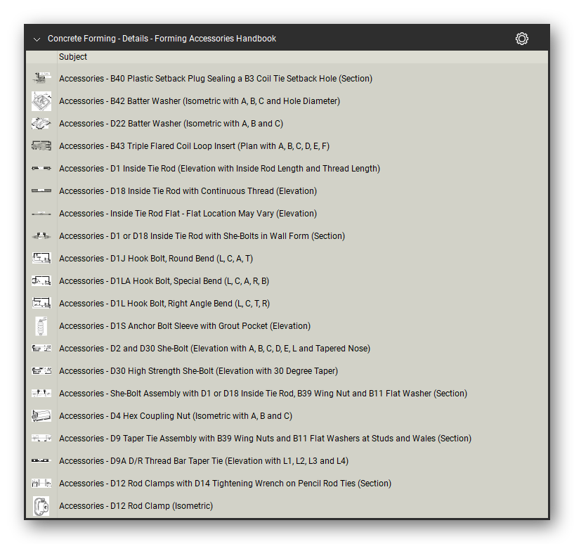 Concrete forming details accessories handbook in a Bluebeam Revu tool set