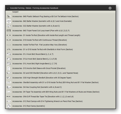 Concrete forming details accessories handbook in a Bluebeam Revu tool set