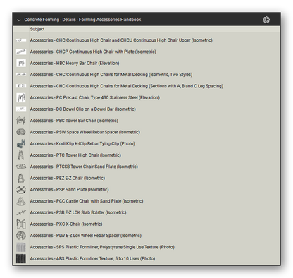 Concrete forming details accessories handbook in a Bluebeam Revu tool set